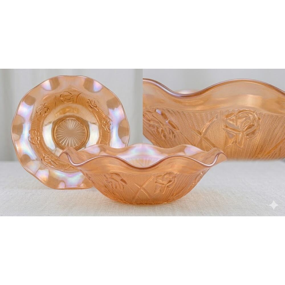 Vintage Jeanette Iris & Herringbone Marigold Carnival Glass Ruffle Edge Bowl